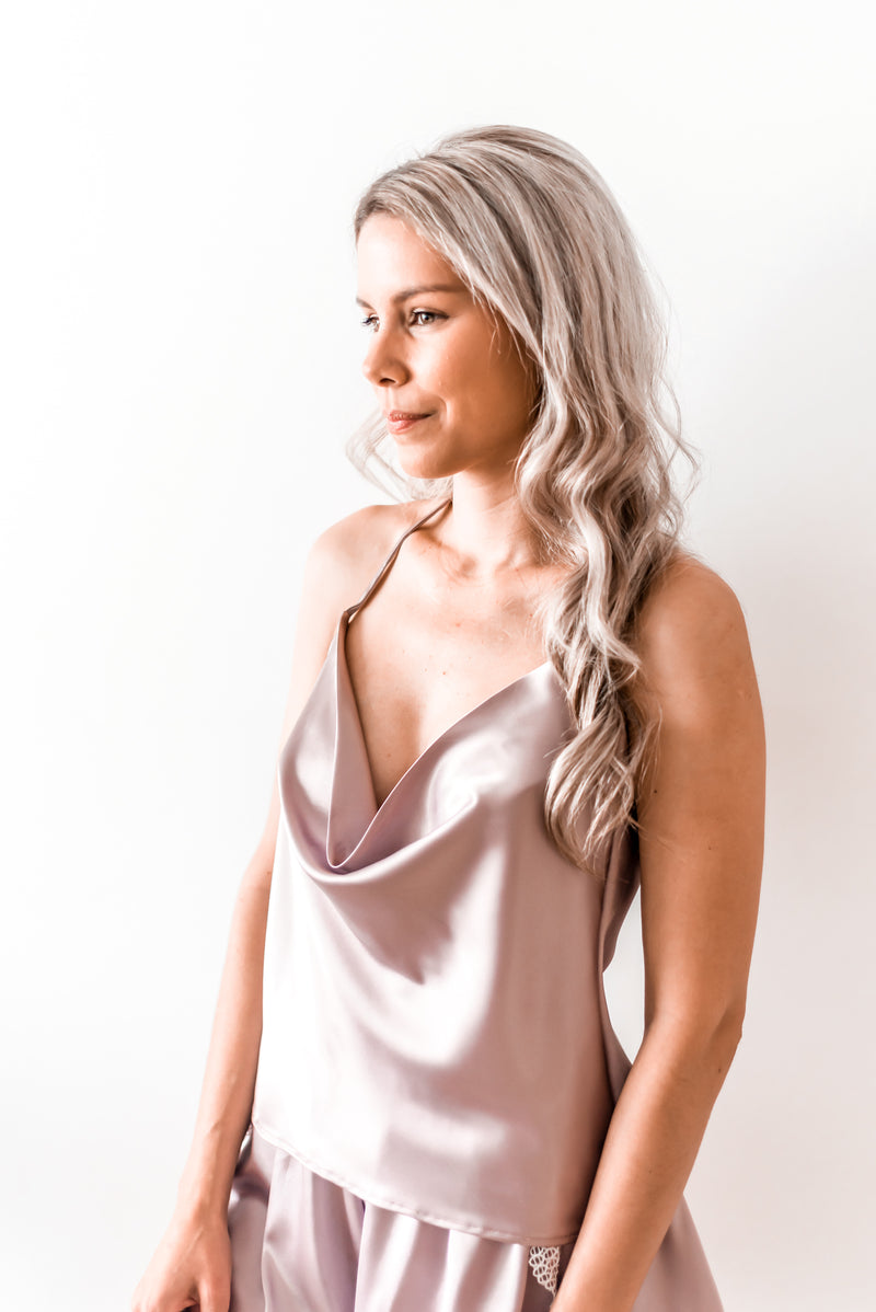 celine cowl cami bottoms in lavender, lavender, australian pyjamas, silky pyjamas, satin, lace, soft pyjamas, available in various sizes and colours