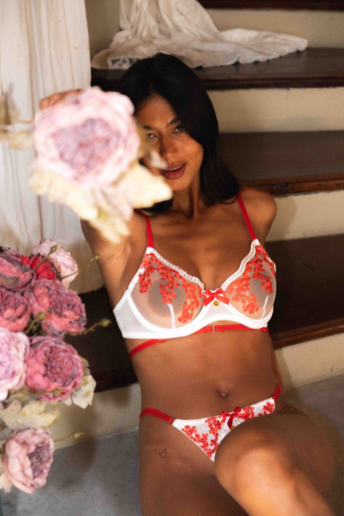 Lucia White &amp; Red Embroidered Lingerie Set