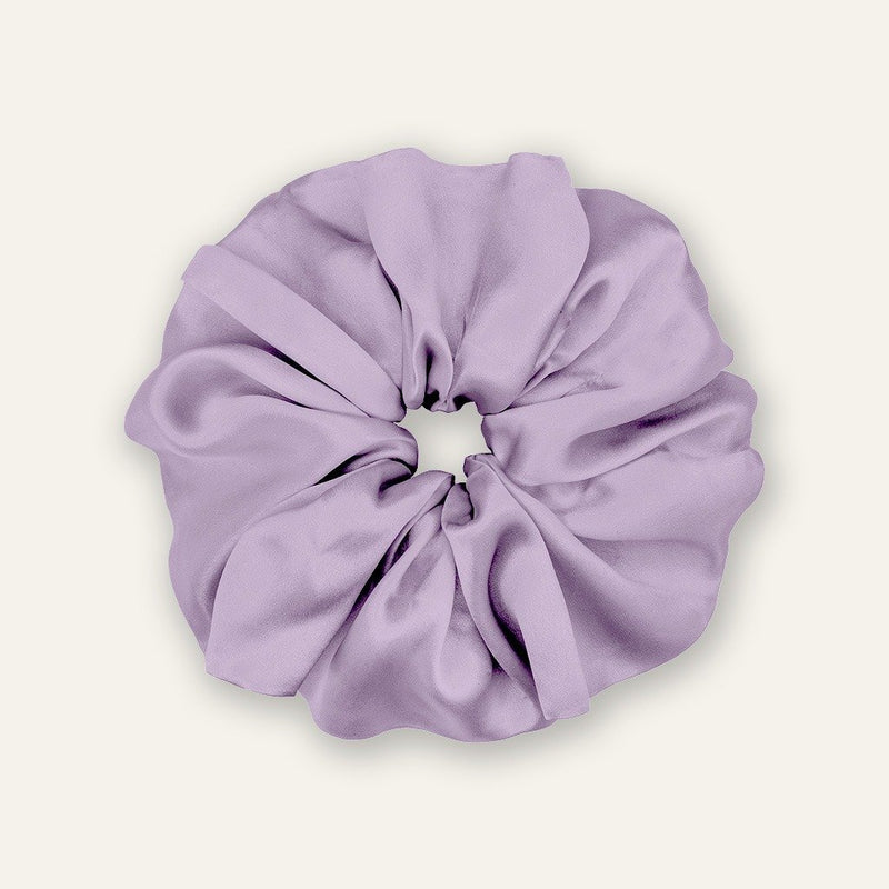 lilac satin scrunchie, lilac, satin, hair tie, one empire scrunchies, available in various colors
