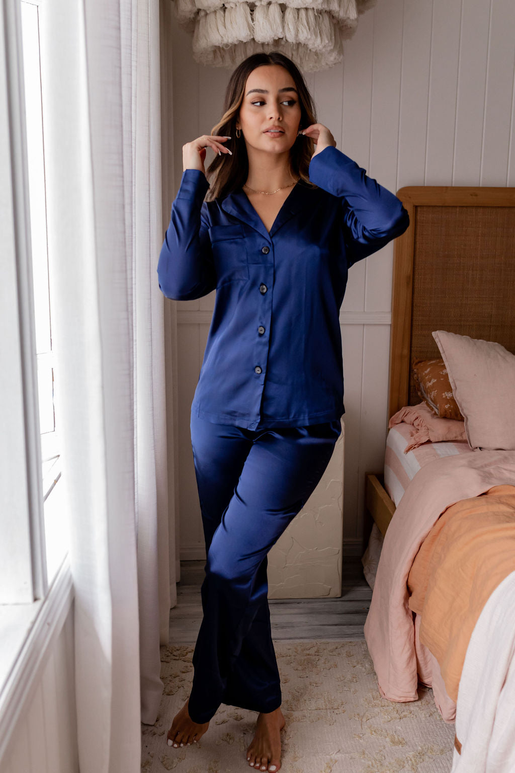 navy long pyjama set, navy long sleeves pyjama set, comfortable pyjamas, cozy pyjamas, navy blue sleepwear set, one empire sleepwear